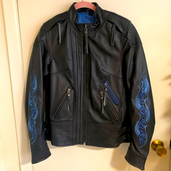 Harley Davidson black leather blue flames jacket S - Picture 2 of 9